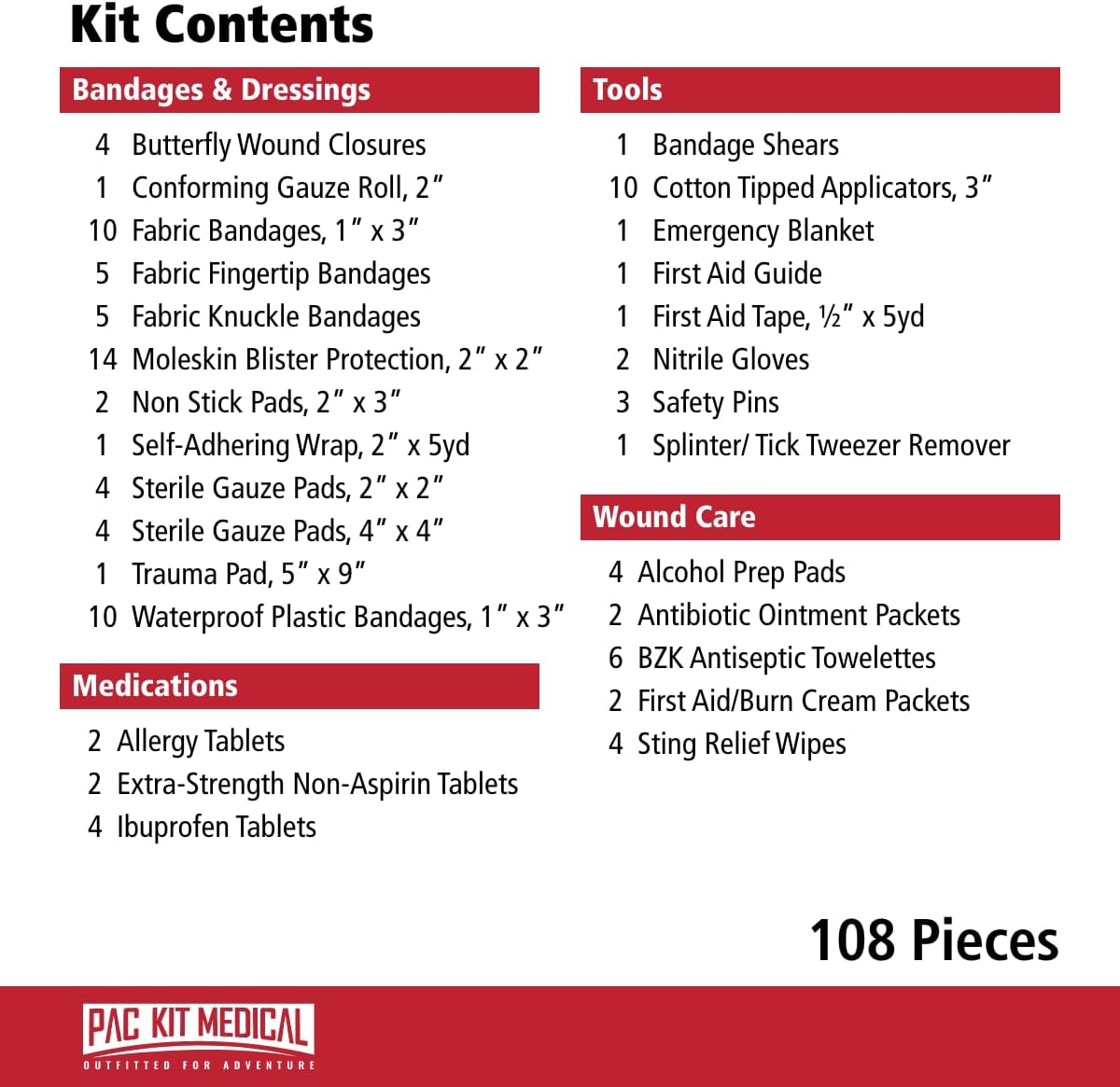 Pac-Kit Trailblazer 3 Outdoor First Aid Kit for Hiking, Camping and Outdoor Travel, 108 Pieces