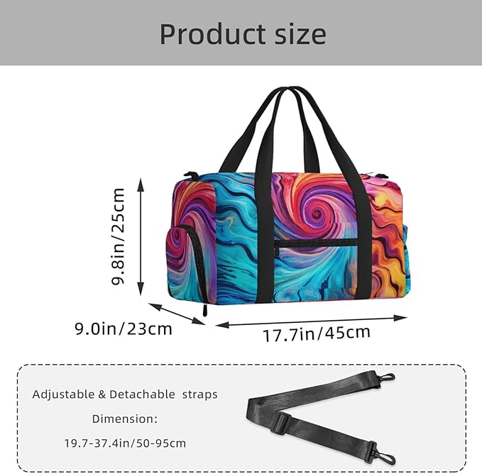 Sports Gym Bag Colorful Tie Dye Swirl Pattern Art Pinting Travel Duffel Bag With Shoe Compartment Shoulder Strap, Lightweight Water-Resistant Weekend Overnight Totes For Women Men