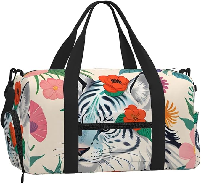 Cute white tiger Print Gym Bag with Shoe Compartment for Women Men, 17.7in Sports Duffle Weekender Tote, Overnight Travel Duffel Bag Carry On