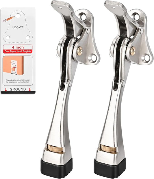 Kickdown Door Stopper 4 Inches - 2 Packs Door Stoppers for Bottom of Door One Touch Adjustable Door Stop，Made of Aluminum Alloy Metal Door Stops to Keep Door Open with Rubber Tip Satin Nickel