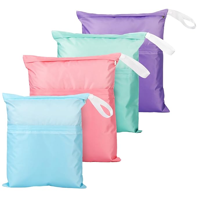 Frienda 4 Pieces Wet Dry Bag for Baby Waterproof Reusable Washable Diaper Bag Sealed with Handle for Travel, Beach, Swimsuit, Diapers, Dirty Gym Clothes and Toiletries (Macaron)