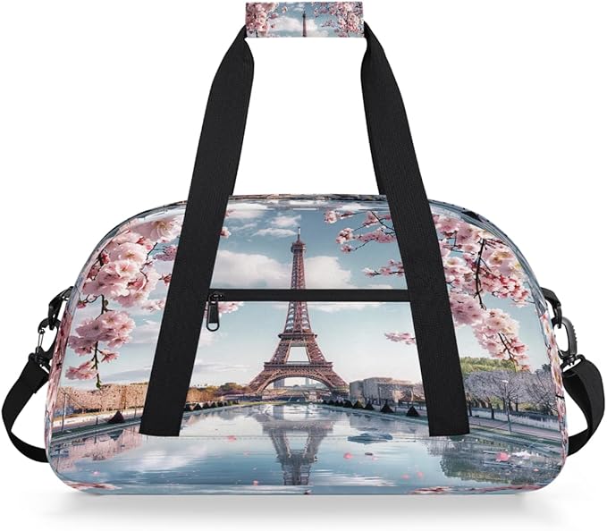 Gym Bag for Women Men, Paris Eiffel Cherry Blossom Travel Duffle Bags for Dance Ballet Overnight, Carry-On Weekender Bag with Detachable Shoulder Strap