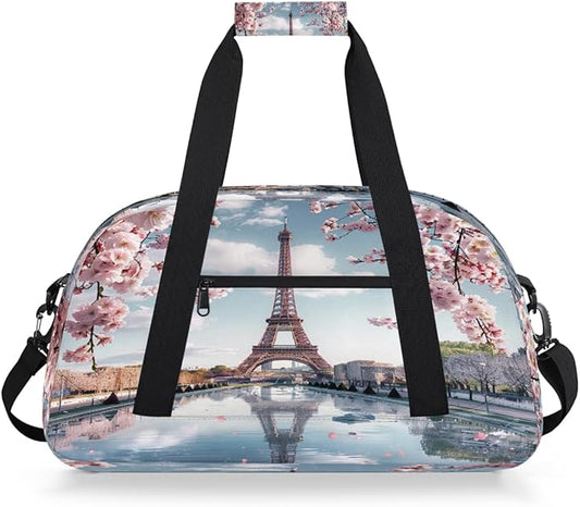 Gym Bag for Women Men, Paris Eiffel Cherry Blossom Travel Duffle Bags for Dance Ballet Overnight, Carry-On Weekender Bag with Detachable Shoulder Strap