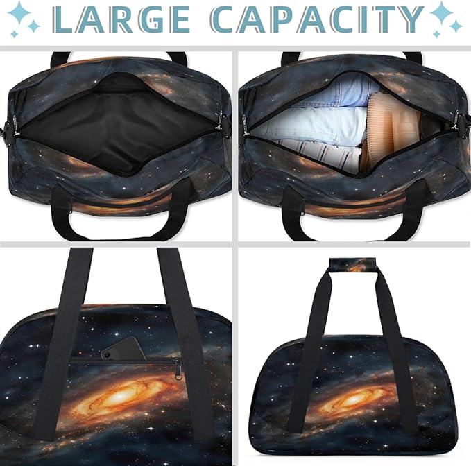 Sports Duffel Bags, Orange Light Galaxy Print Water-Resistant Gym Duffle Bag for Men Women, Lightweight Weekender Overnight Bag for Fitness, Workout, Travel