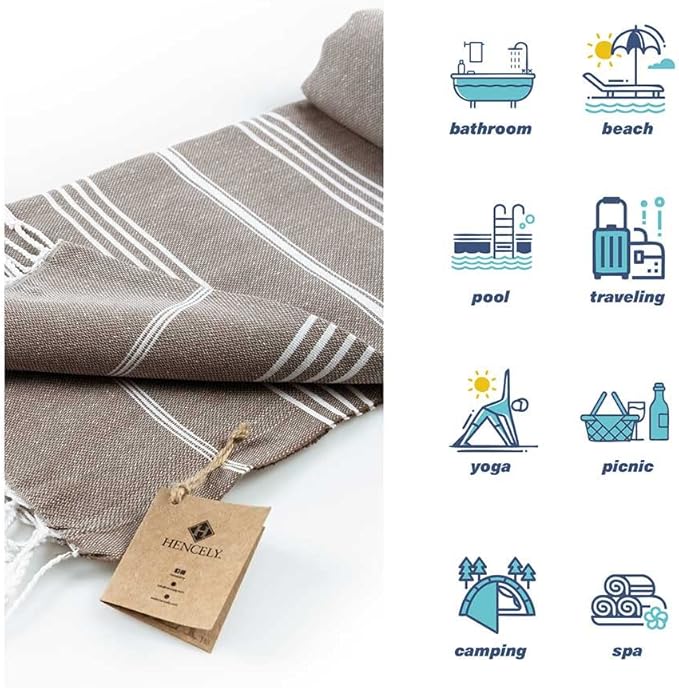 Hencely Turkish Beach Towel 37x68 Oversized, Sand-Free, Quick-Dry, Lightweight - Travel Essential for Pool & Bath - Striped 100% Cotton Bathroom Towels Accessories Gift (Brown)