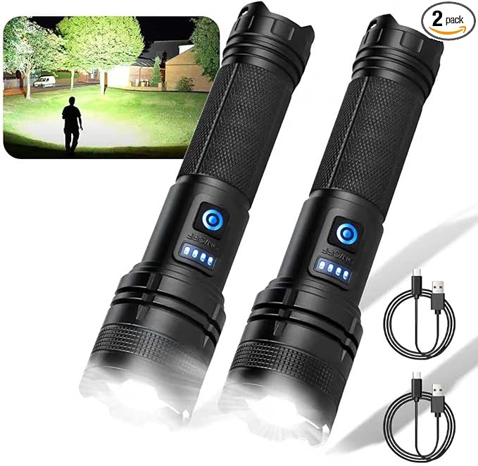 THY TRY Rechargeable LED Flashlight 2-Pack, 90000 High Lumens Super Bright Handheld Flashlights, 5 Modes & Adjustable Focus, High Powered Handheld Flashlight for Home Camping Outdoor Night Work