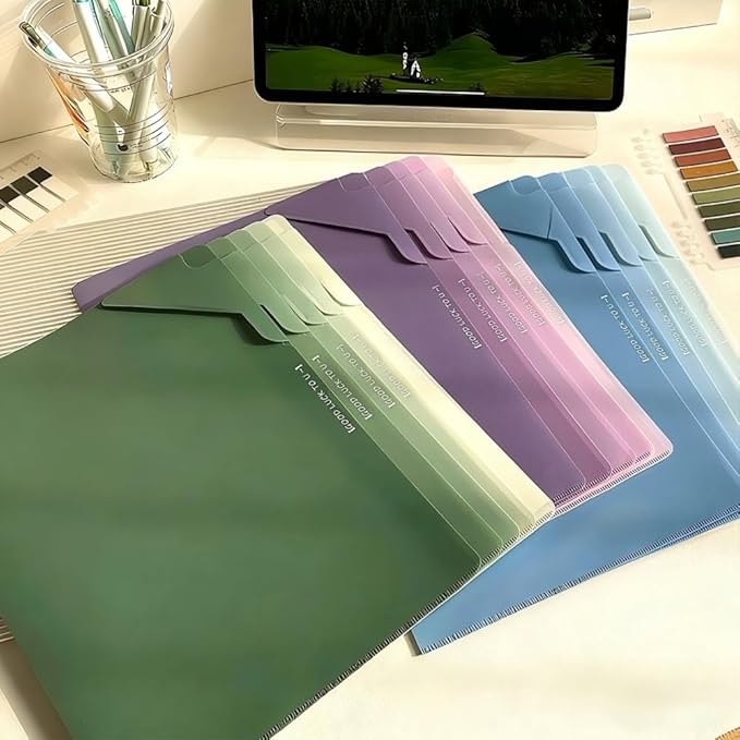 Green 5-Pack L-Shaped File Folder for Documents, Waterproof A4 Document Holders with Anti-Fall Flap, Plastic File Organizer,A4 Envelopes Filing Folder