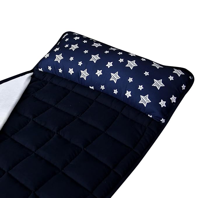 Moonsea Toddler Nap Mat with Pillow and Fleece Minky Blanket Navy, Lightweight and Soft Perfect for Toddlers Preschool, Daycare, Travel Sleeping Bag for Girls, 21" x 50" Fit on a Standard Cot