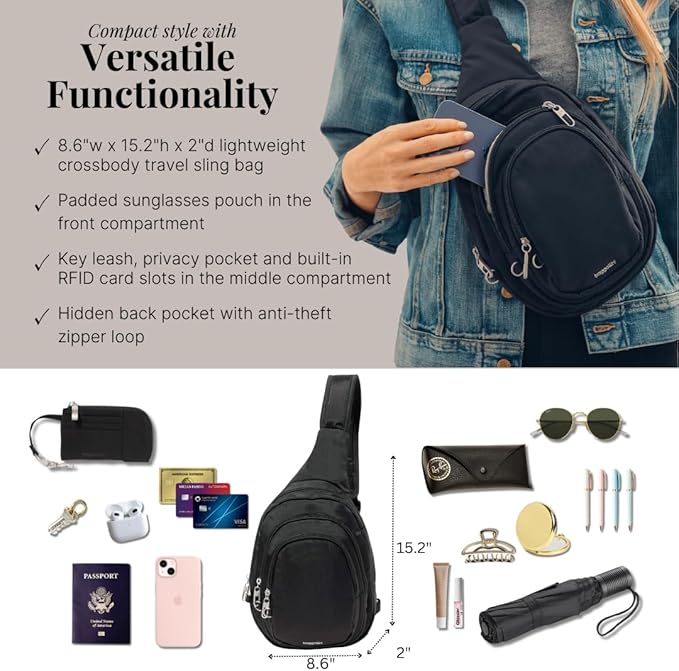 Baggallini Securtex® Anti-Theft Triple Zip Sling - Travel Backpack Sling Bag Crossbody - RFID Wallet Locking Zipper