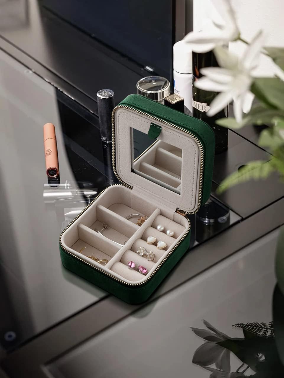 S.Leaf Travel Jewelry Organizer Travel Jewelry Boxes for Women Small Jewelry Travel Case Box Portable Travel Jewelry Case Travel Case Mini Jewelry (08_Suede_Touch_Emerald)