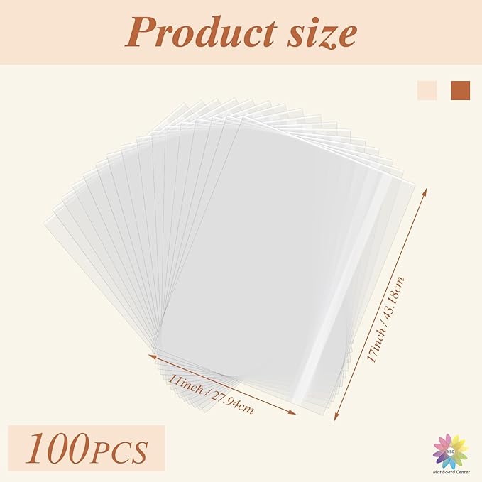 Mat Board Center 17x11 Inches Crystal Clear Sleeves Storage Bags, 100 Pack Self Sealing Cellophane Bags for 11x17 Art Prints, Photos