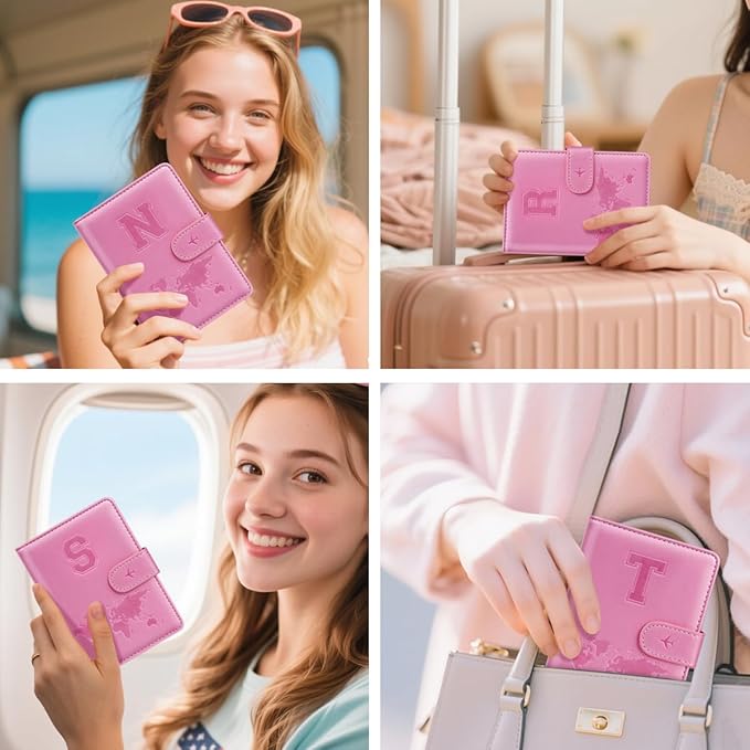 Passport Holder Cover Initail Letter A-Z Travel Wallet Embossed Design RFID Blocking Card Holder Personalized Gift Passport Cover Wallet, Passport Book Holders for Women and Girls, Pink-S