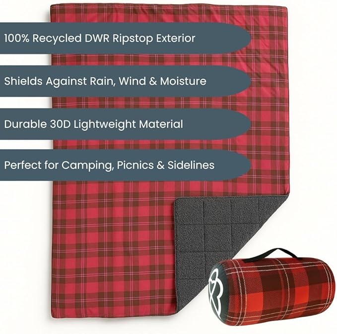 ROAM Weatherproof Sherpa Fleece Blanket - Durable Recycled Ripstop Exterior, Eco Insulation, Compact Travel Design, Machine Washable, All-Season Outdoor & Indoor Blanket, 75" x 52" (Campfire Plaid)