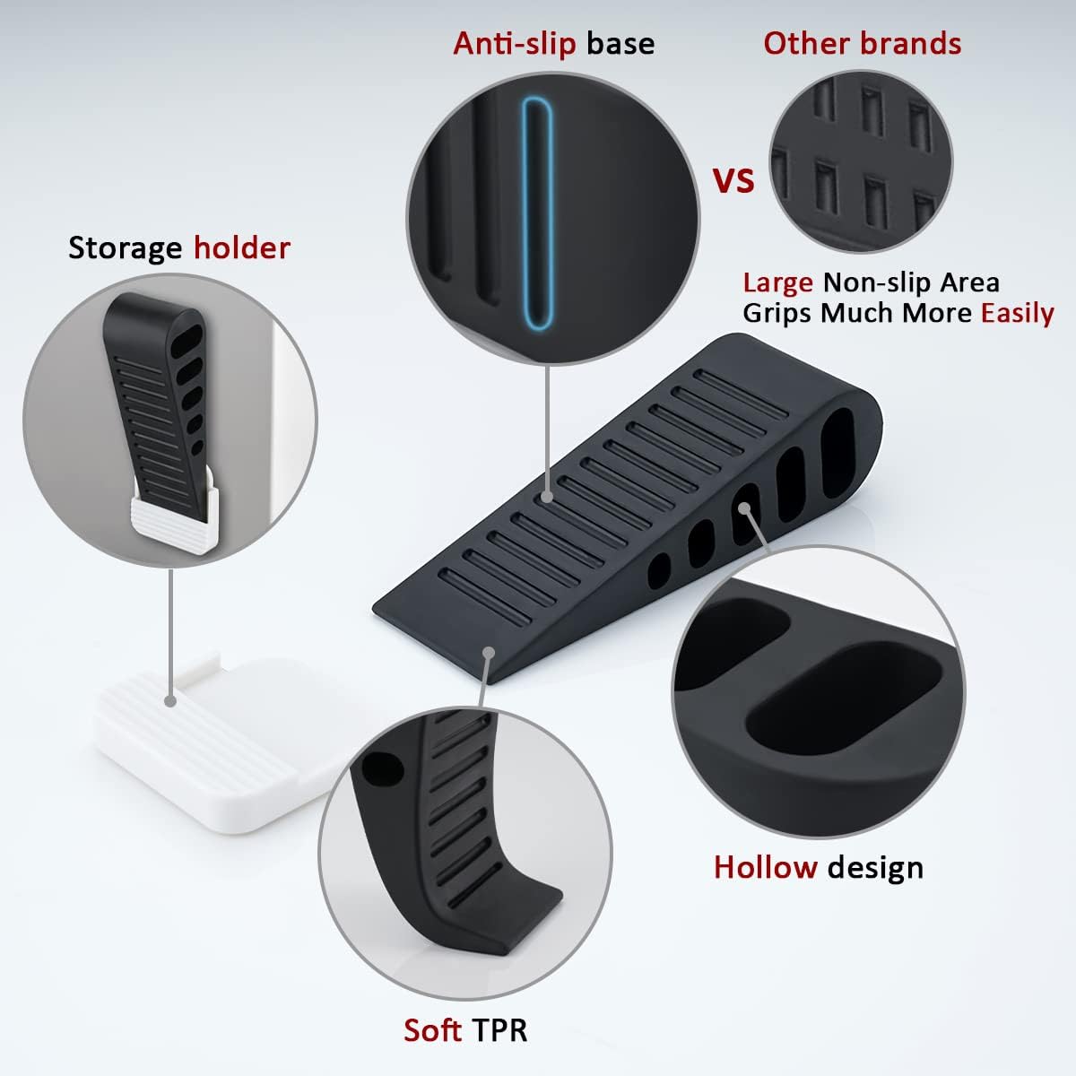 JQK Rubber Door Stopper Wedge, Black 3 Pack Soft TPR Premium Door Stops for Bottom of Heavy Duty Door on Tile, Concrete, Carpet, Wooden Floor, DSB61-BK-P3