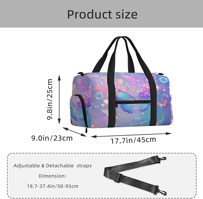 Sports Gym Bag Butterflies Bubbles Glittery Sparkly Travel Duffel Bag With Shoe Compartment Shoulder Strap, Lightweight Water-Resistant Weekend Overnight Totes For Women Men