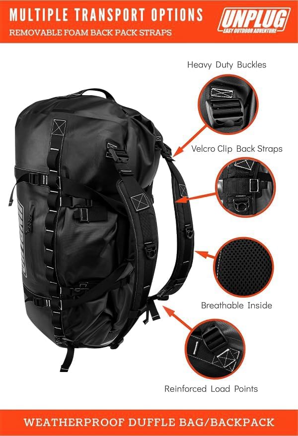 UNPLUG Ultimate Adventure Bag -1680D Heavy Duty Waterproof Travel Duffel Bags for Camping, Motorcycle Dry Bag, Waterproof Bags for Boating, Waterproof Duffle Backpack,Tactical Duffle Bag