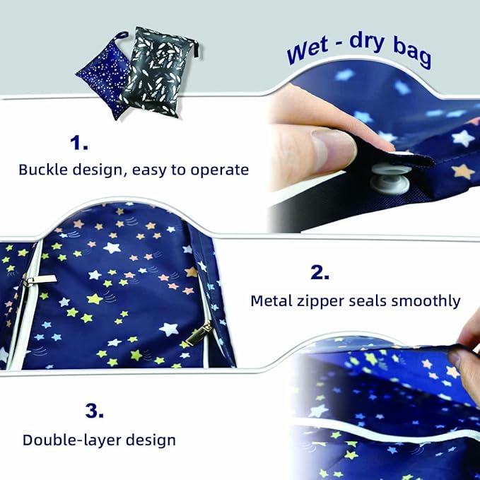2 Pcs Waterproof Reusable Wet Dry Bag for Diaper Baby Cloth Gym Clothes Washable Travel Bags for Beach Pool Swimsuits Pockets with Two Zippered Dirty Diapers Stroller Yoga Toiletries Daycare Organizer