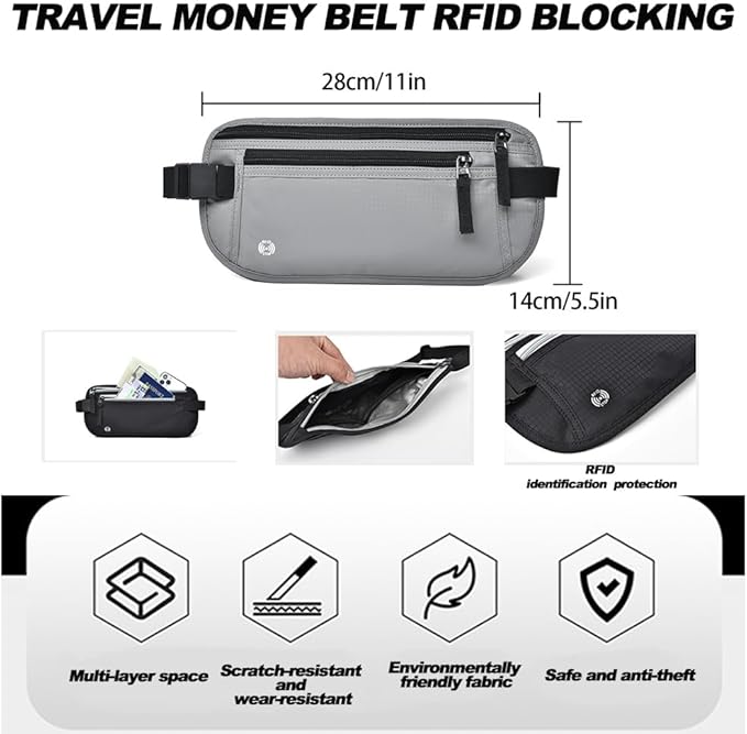 Travel Money Belt RFID Blocking - Slim Anti-Theft Passport Holder Pouch for Men & Women,Adjustable Waist Wallet with Secure Zipper (Khaki)