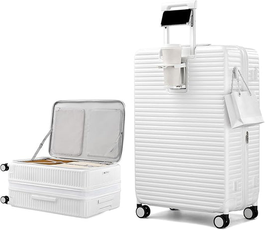 Hard Shell Suitcases 28 Inch Large Checked Luggage with Spinner Wheels Cup Holder, Expandable Check in Luggage Lightweight Top Opening Luggage Big Rolling Suitcase with Lock, White
