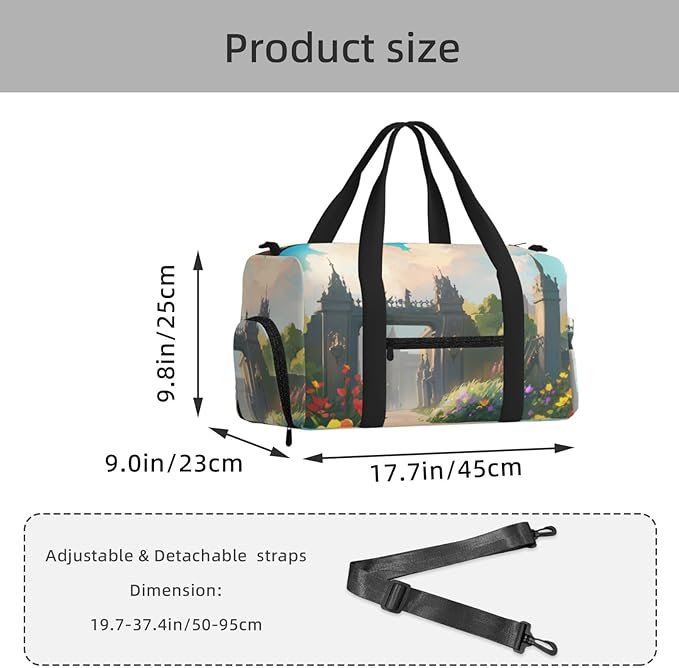 Outside the Castle Gate Print Gym Bag with Shoe Compartment for Women Men, 17.7in Sports Duffle Weekender Tote, Overnight Travel Duffel Bag Carry On