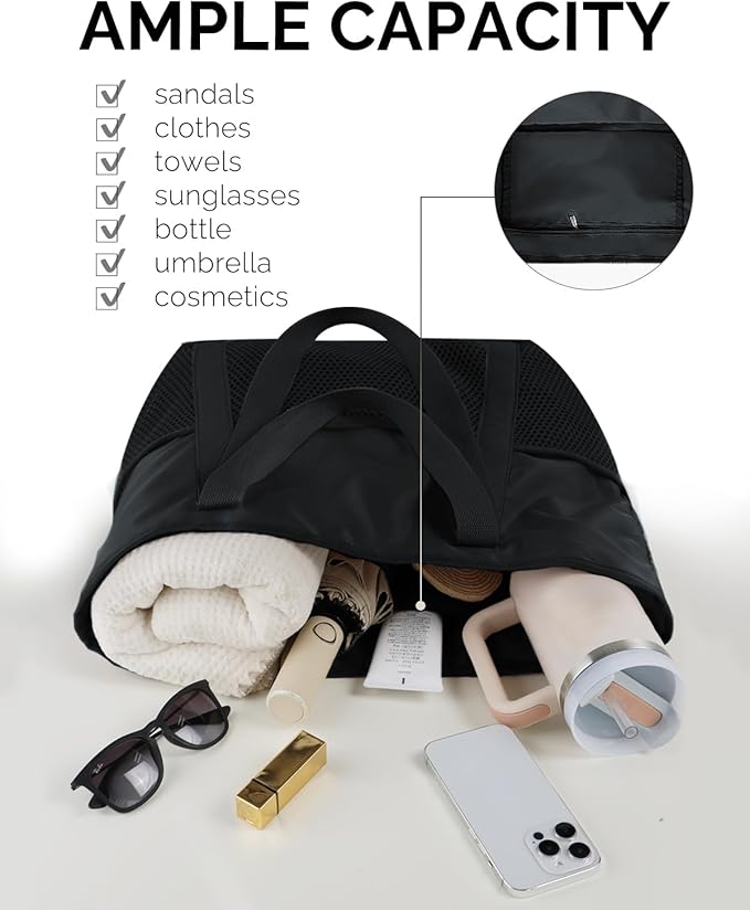 HOMESPON Beach Bag Large Waterproof Sandproof Tote for Women with Zipper and Mesh Pockets