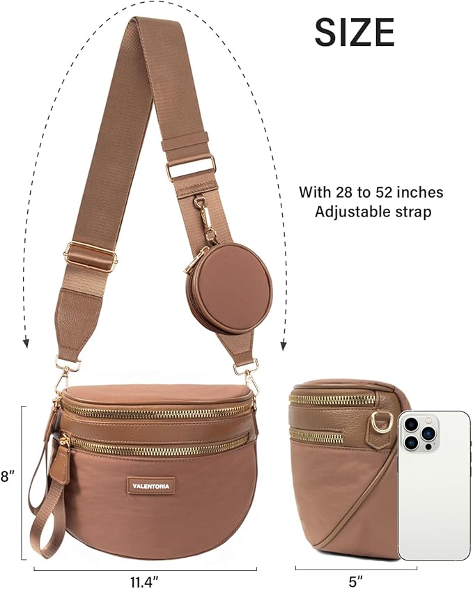 Cross Body Bag for Women Bum Bag Belt Bags Fanny Packs for Girls Travel Purse Fashion Waist Packs Crossbody Nylon Purse Trendy Shoulder Bags for Womens with Removable Wallets Purse Belt Pouch(Caramel)