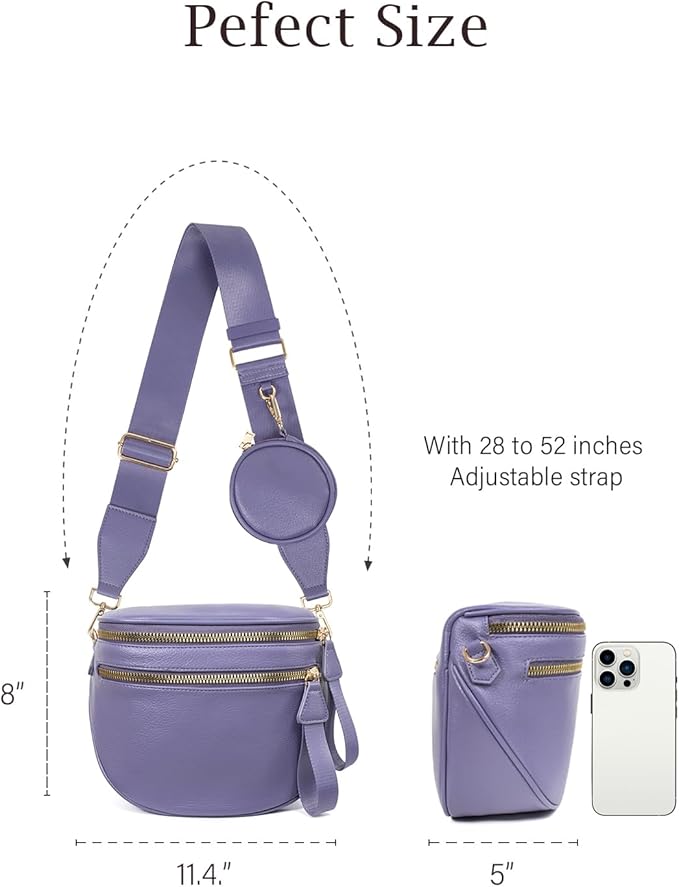 Valentoria Large Leather Crossbody Bags for Women Bum Bag Sling Bag Purse With Adjustable Strap Detachable Wallets (Cloudy Purple)