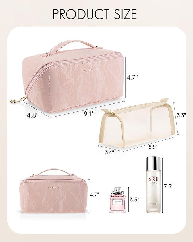 VLANDO Makeup Bag,Travel Toiletry Bag,Cosmetic Bag for Women PU Leather Portable Make up Bag for Skincare, Brushes & Travel Essentials-Sand Pink