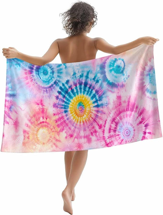 Abstract Tie-Dye Art Beach Towel 35" x 71" Pink Teal Gradient Watercolor Quick Dry Sand Free Pool Towels Soft & Absorbent Compact Towels Beach Accessories for Travel Bathroom Swimming Pool