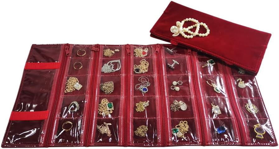 Travel Jewelry Roll Bag Portable Organizer Pouch With Grids&PVC Cover Storage Bags for Necklace, Bracelet, Bracelet,Ring, Badge, Pendant