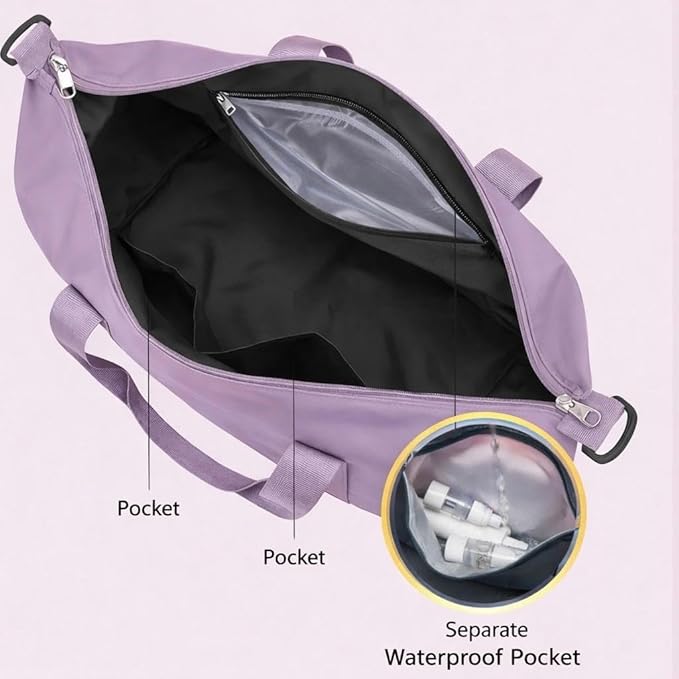J&G Waterproof Gym Duffel Bag – Lightweight Travel & Sports Bag with Shoe Compartment and Wet Pocket for Men & Women – Carry-On Weekender for Gym, Beach, Trips – 8 Colors (Light Purple)