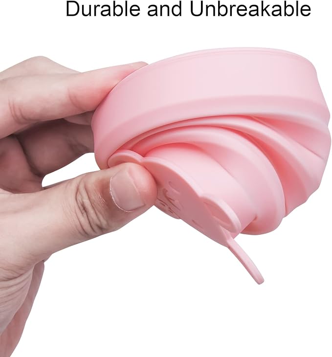 Reusable Foldable Silicone Water Cup, Portable Picnic Snacks Cup, Pocket Size Travel Cup Extensible, Collapsible Cups with Lid for Camping, Travel (Pink with Rope)
