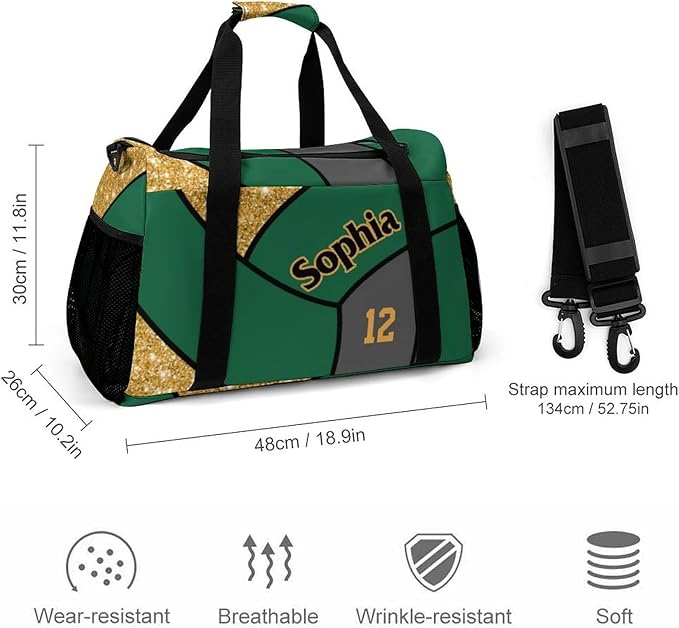 Custom Gold Green Volleyball Duffel Bag with Name Personalized Travel Bags Sport Gym Bag Carry On Weekender Bags for Men Women