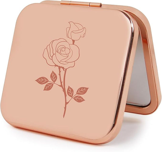 Small Compact Mirror, Rosegold Square 2.8”×2.8” Metal Frame Smooth Style Double Sided Mini Magnifying 1X/2X Mirror for Purse Can be Used as Gifts for Woman (RG02)