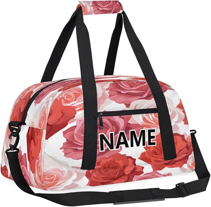 Floral Mini Gym Bag 18 inch for Women Men Waterproof Custom Red and Pink Rose Flowers Travel Duffel Bag Carry On Overnight Tote Nurse Bag for Work Fitness Hiking