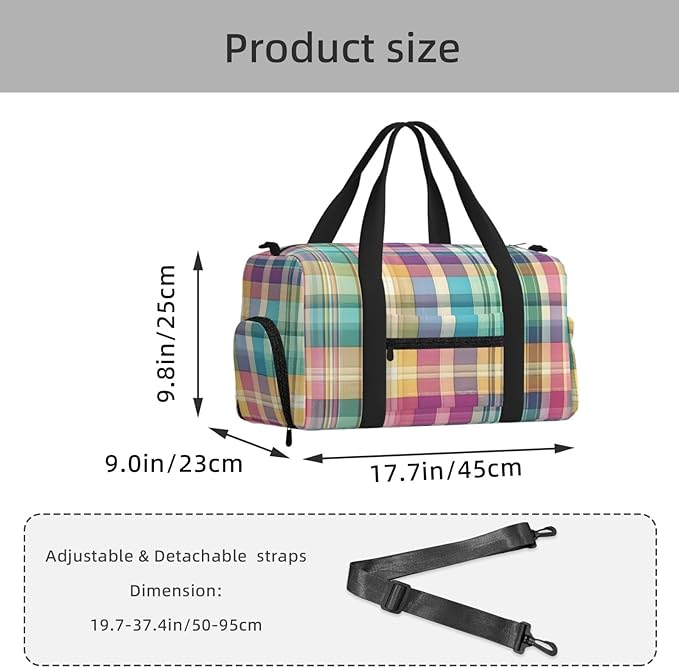 Spring Easter Pastel Plaid Tartan Women'S Gym Duffle Bag With Shoes Compartment, Ideal For Travel, Gym, Sports, Duffel, Weekender
