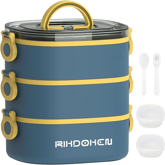 Lunch Box, Stackable 3 Layers Containers, Portable 94OZ Large Capacity Leakproof Bento Box with Spoon & Fork & Sauce Boxes, Microwave Safe Lunch Box for Kids and Adults