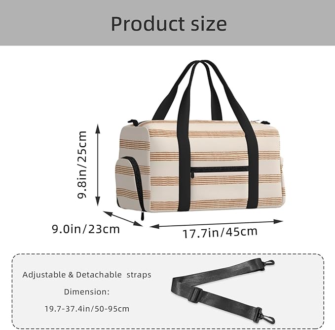 Terracotta Cream Modern Minimalist Stripe Boho Women'S Gym Duffle Bag With Shoes Compartment, Ideal For Travel, Gym, Sports, Duffel, Weekender