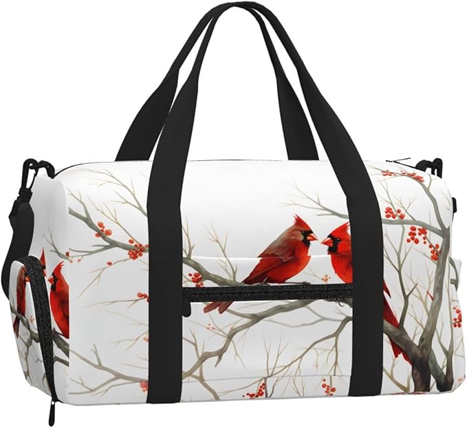 Sports Gym Bag Red Birds Art Painting Travel Duffel Bag With Shoe Compartment Shoulder Strap, Lightweight Water-Resistant Weekend Overnight Totes For Women Men