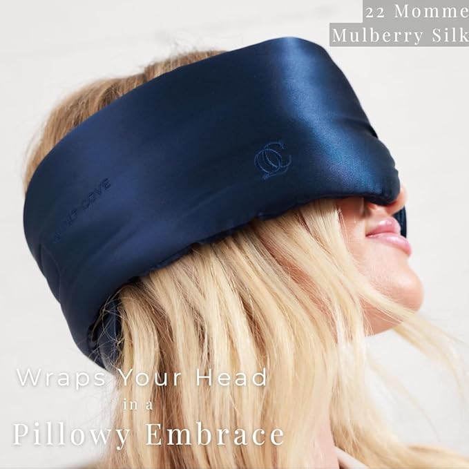 QUIET COVE Plush 3D Contoured Silk Sleep Mask - Total Blackout, 100% Silk 22 Momme, Foam Eye Cups Do Not Crush Eyelashes, Luxe Cloud Filling for Side Sleeping Comfort (Noble Blue) - Luxury Gift Box