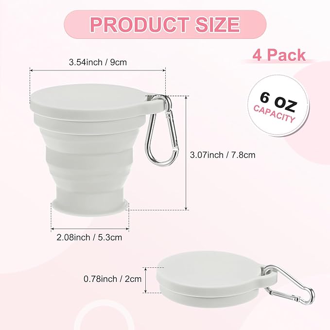 4 Pack Collapsible Travel Cup, 6oz(180ml) Silicone Portable Foldable Water Cup Bottle with Spring Buckle for Travel/Camping/Hiking, Reusable [Light Gray]
