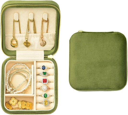 Travel Jewelry Case, Small Plush Velvet Jewelry Box for Women and Girls, Portable Jewelry holder organizer for Rings Earrings Necklaces Bracelets(Avocado Green)