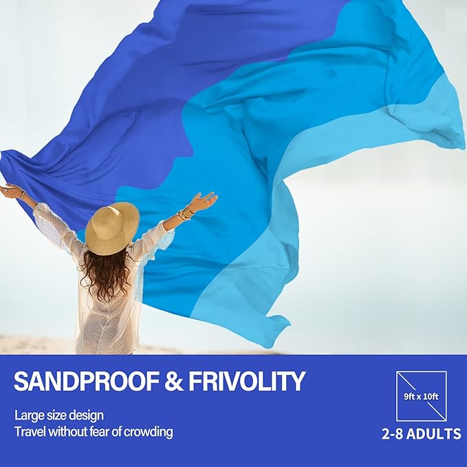 Beach Blanket Oversized Extra Large 10'X 9',Waterproof Sandproof Beach Blanket 2-8 Adults Lightweight Durable for Travel Camping Hiking Picnic