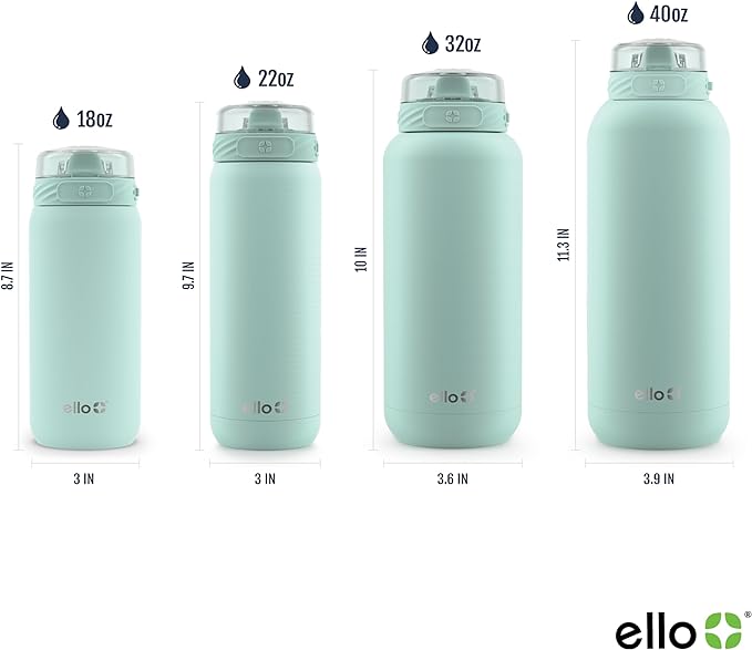 Ello Cooper 40oz Stainless Steel Water Bottle with Straw and Carry Handle, Double Walled and Vacuum Insulated Metal, Leak Proof Locking Lid with Soft Silicone Spout, Reusable, BPA Free, Yucca
