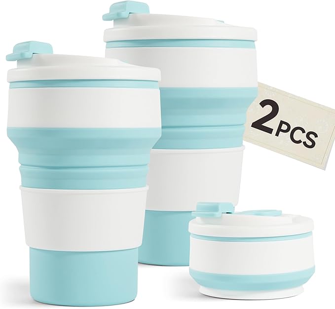 2Pcs Collapsible Cup for Traveling, Collapsible Silicone Travel Cup for Hot and 2 Drinks, Leak Proof Silicone Folding Travel Coffee Mug for Camping & Hiking, BPA Free 12oz Blue