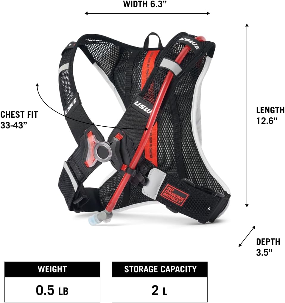 USWE Race 2.0, Ultra Lightweight Hydration Backpack with 2.0L / 70oz Water Bladder, Leak Proof Pack for Gravel, MTB, Running, Hiking, Cycling, Camping, Biking for Men,Women