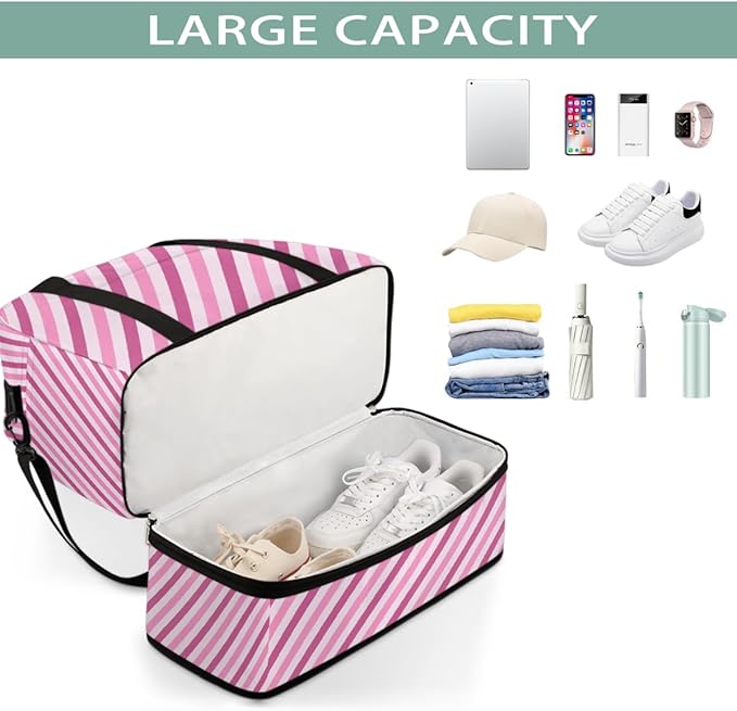 Pink Diagonal Stripes Large Weekender Bag with Shoe Compartment Travel Duffel Bags for Women Carry On Hospital Overnight Bag Foldable Personal Item Travel Bags Tote Gym Sports Airplanes