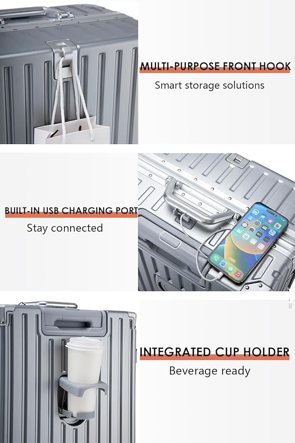 HotWay PC Hard Shell Checked Suitcase with Aluminum Frame, Luggage with Cup Holder and USB Port, Zipperless Luggage for Business Travel (Grey, Checked In 26Inch)