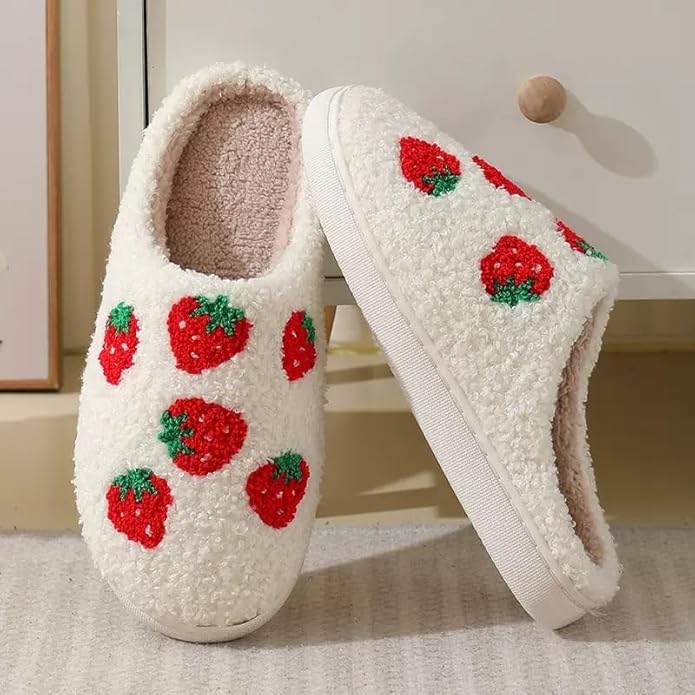 Unisex Xmas Elk Shoes Santa Reindeer Cute Strawberry Cartoon Christmas Tree Pink Bow Memory Foam Soft Plush House Slippers Indoor/Outdoor