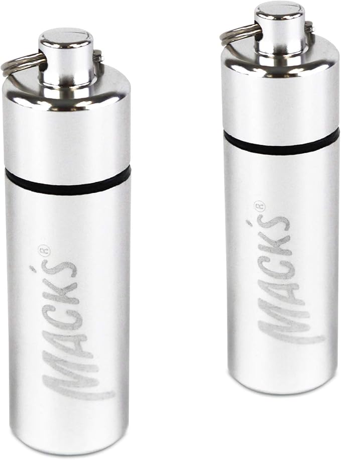 Mack’s Keychain Carrying Case, Aluminum, Waterproof Ear Plugs Holder – 2 Pack (Silver)